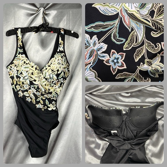 Miraclesuit It's A Wrap One Piece Underwire Swimsuit Size 12 Black Paisley Beach